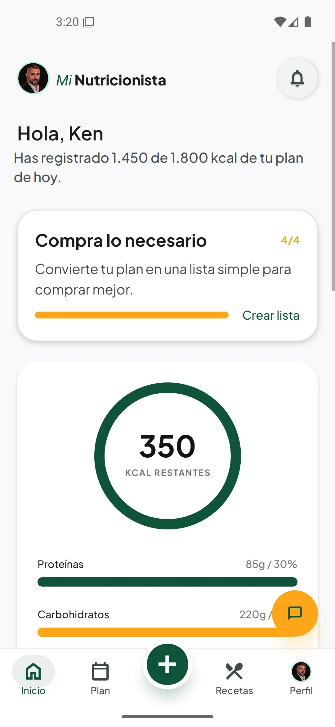 Pantalla real de la app Mi Nutricionista usada por pacientes para registrar y revisar su progreso